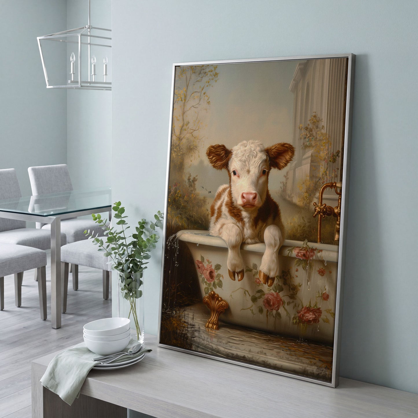 Whimsical Calf in Floral Bathtub Canvas Print in silver floating frame