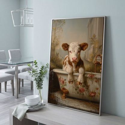 Whimsical Calf in Floral Bathtub Canvas Print in silver floating frame