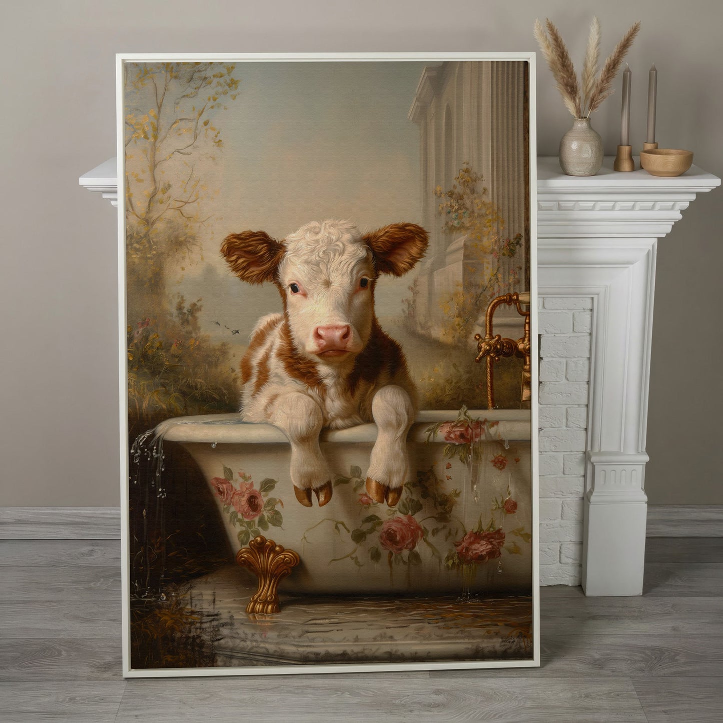 Whimsical Calf in Floral Bathtub Canvas Print in white floating frame