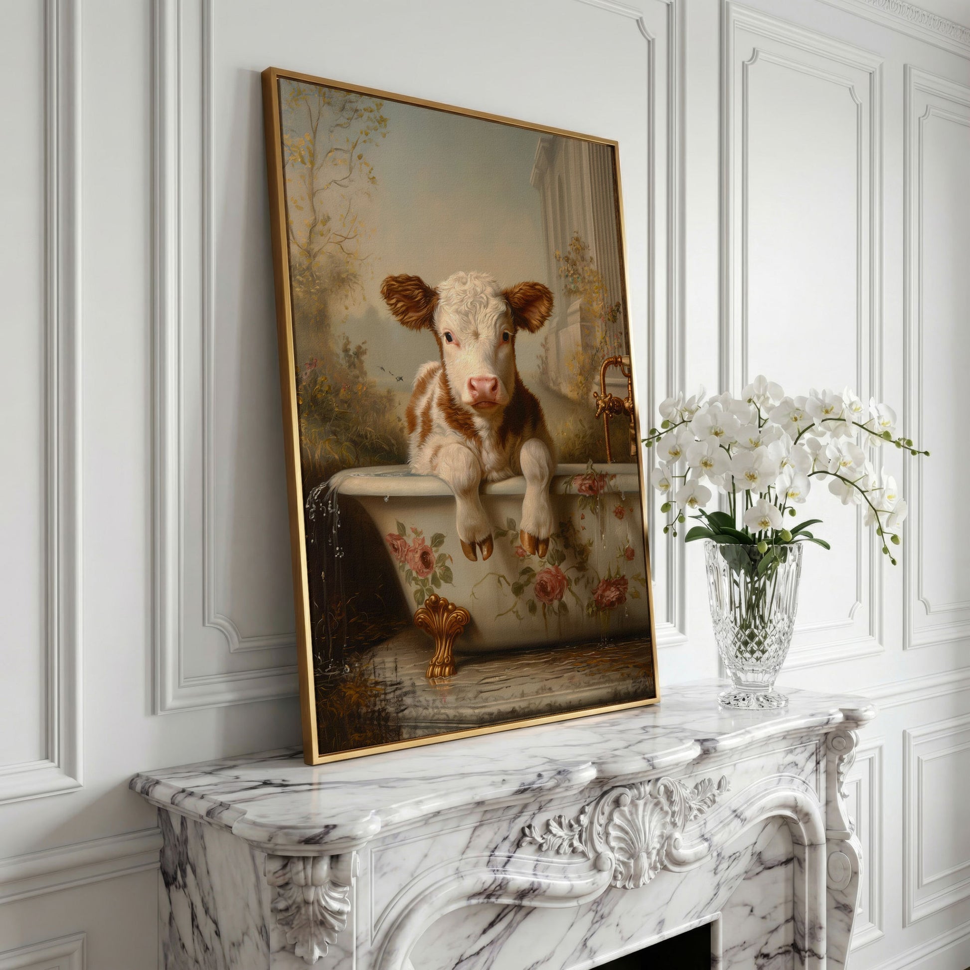 Whimsical Calf in Floral Bathtub Canvas Print in yellow gold floating frame
