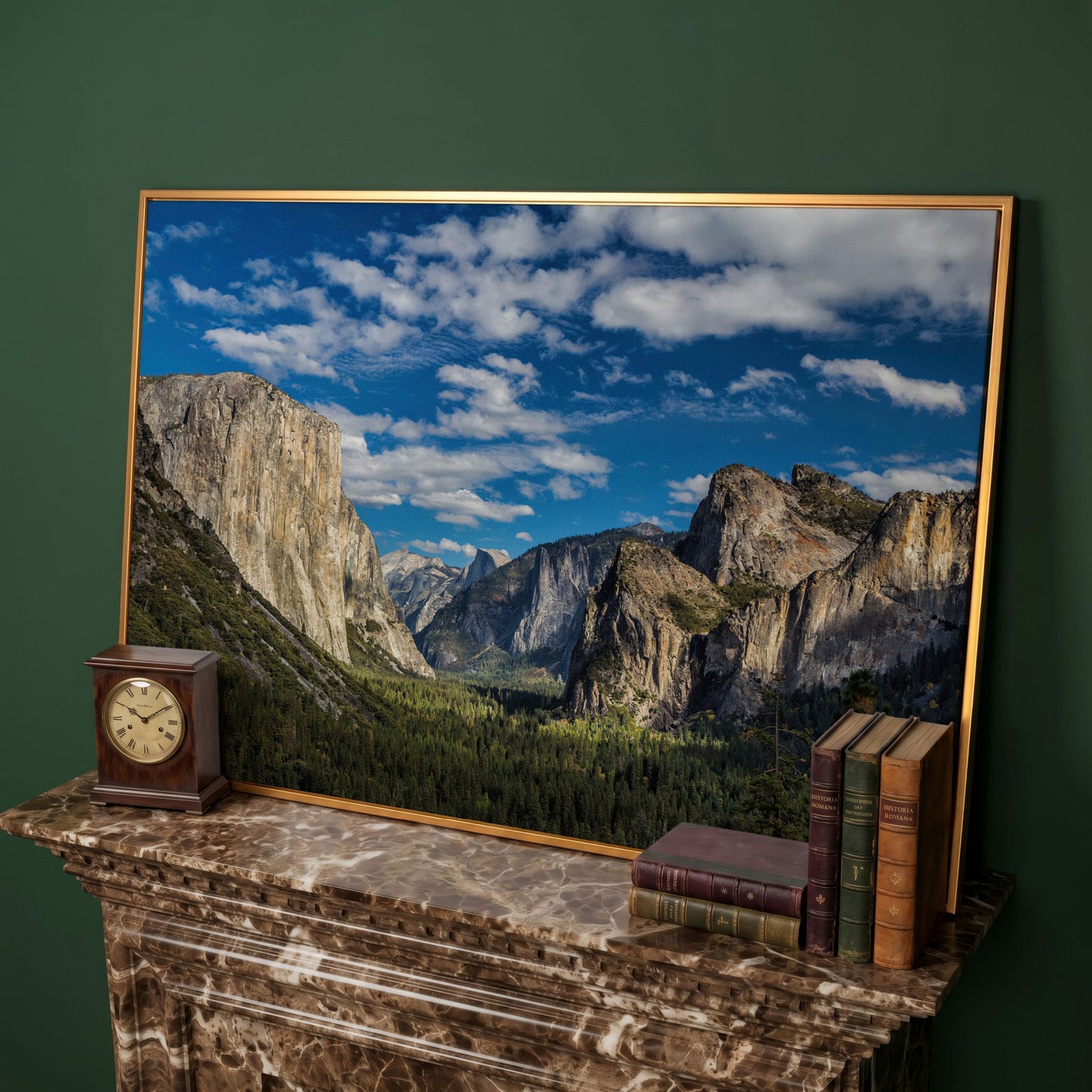 Yosemite Valley Landscape Canvas with Rocky Cliffs in antique gold floating frame