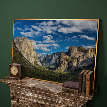 Yosemite Valley Landscape Canvas with Rocky Cliffs in antique gold floating frame