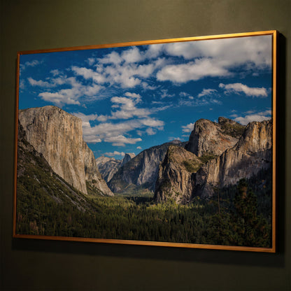 Yosemite Valley Landscape Canvas with Rocky Cliffs shown in antique gold floating frame