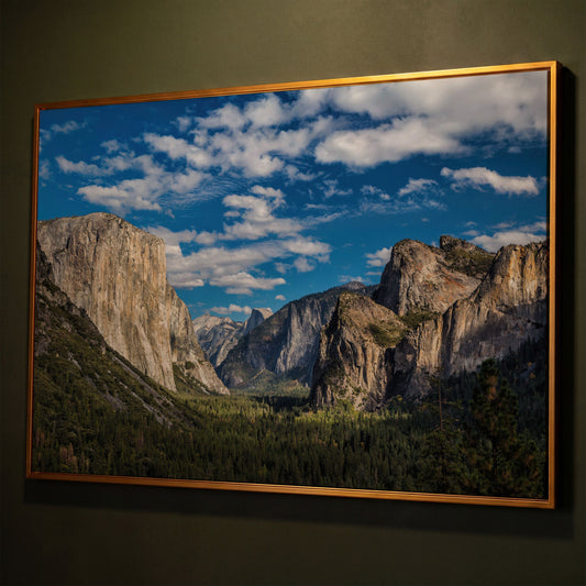 Yosemite Valley Landscape Canvas with Rocky Cliffs shown in antique gold floating frame