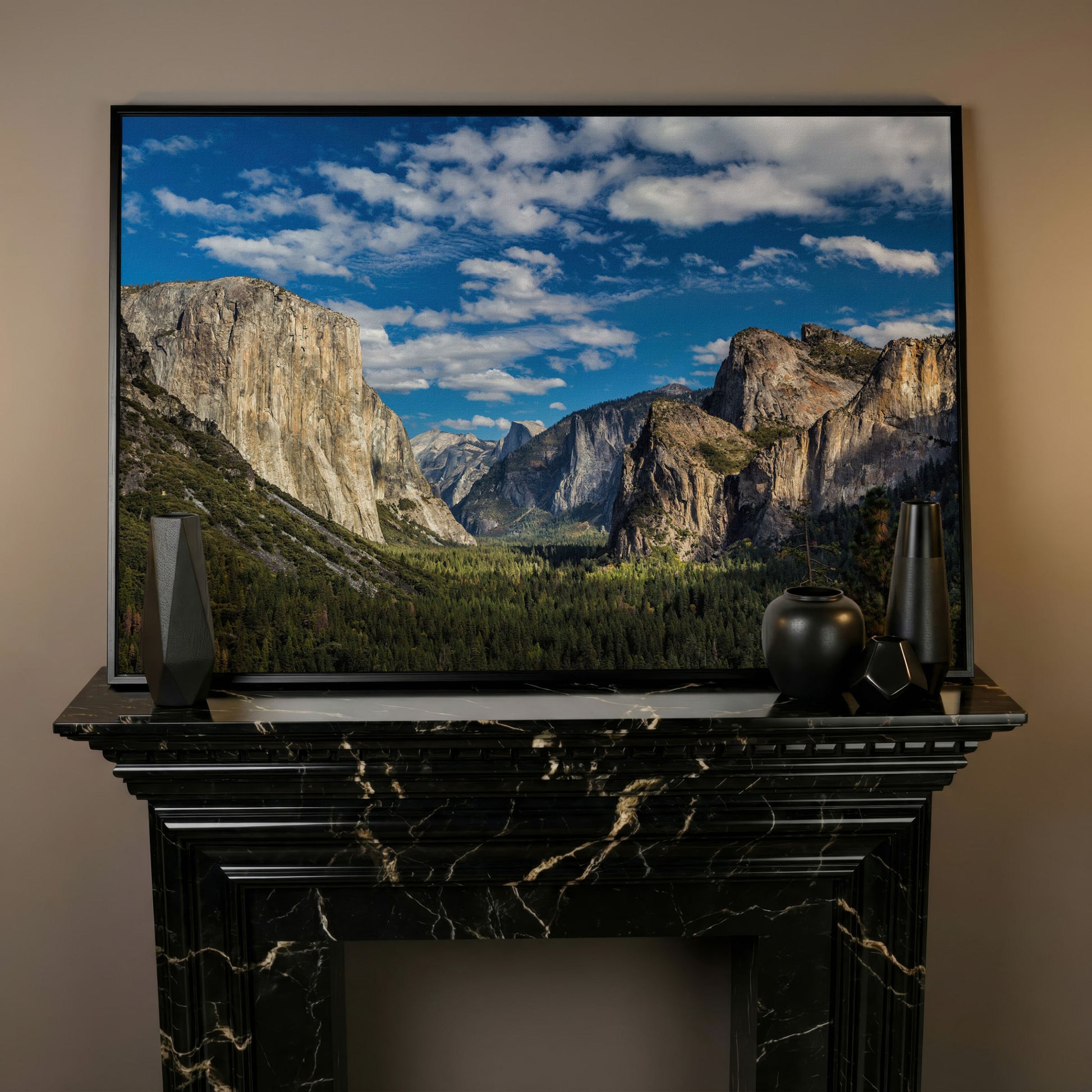 Yosemite Valley Landscape Canvas with Rocky Cliffs in black floating frame