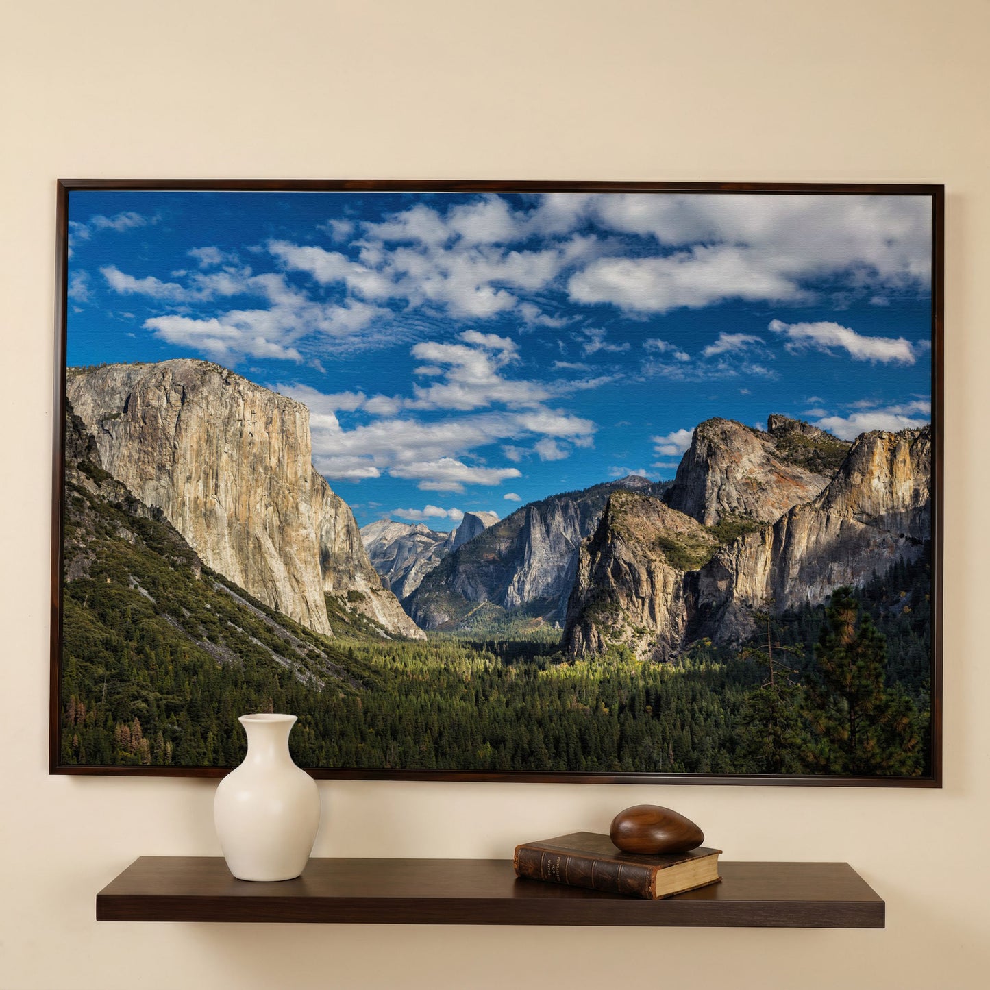 Yosemite Valley Landscape Canvas with Rocky Cliffs in dark walnut floating frame