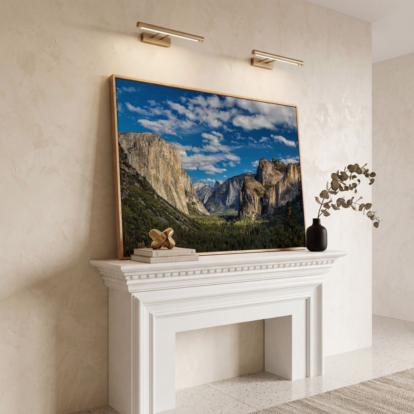 Yosemite Valley Landscape Canvas with Rocky Cliffs in white oak floating frame