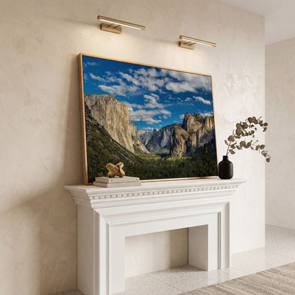 Yosemite Valley Landscape Canvas with Rocky Cliffs in white oak floating frame