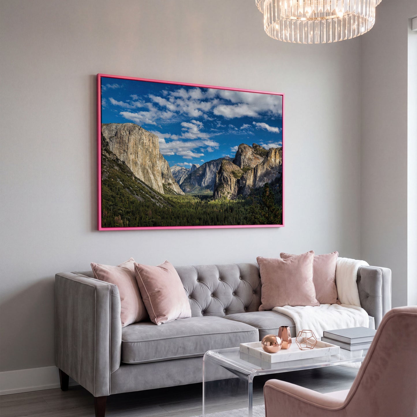 Yosemite Valley Landscape Canvas with Rocky Cliffs in pink floating frame
