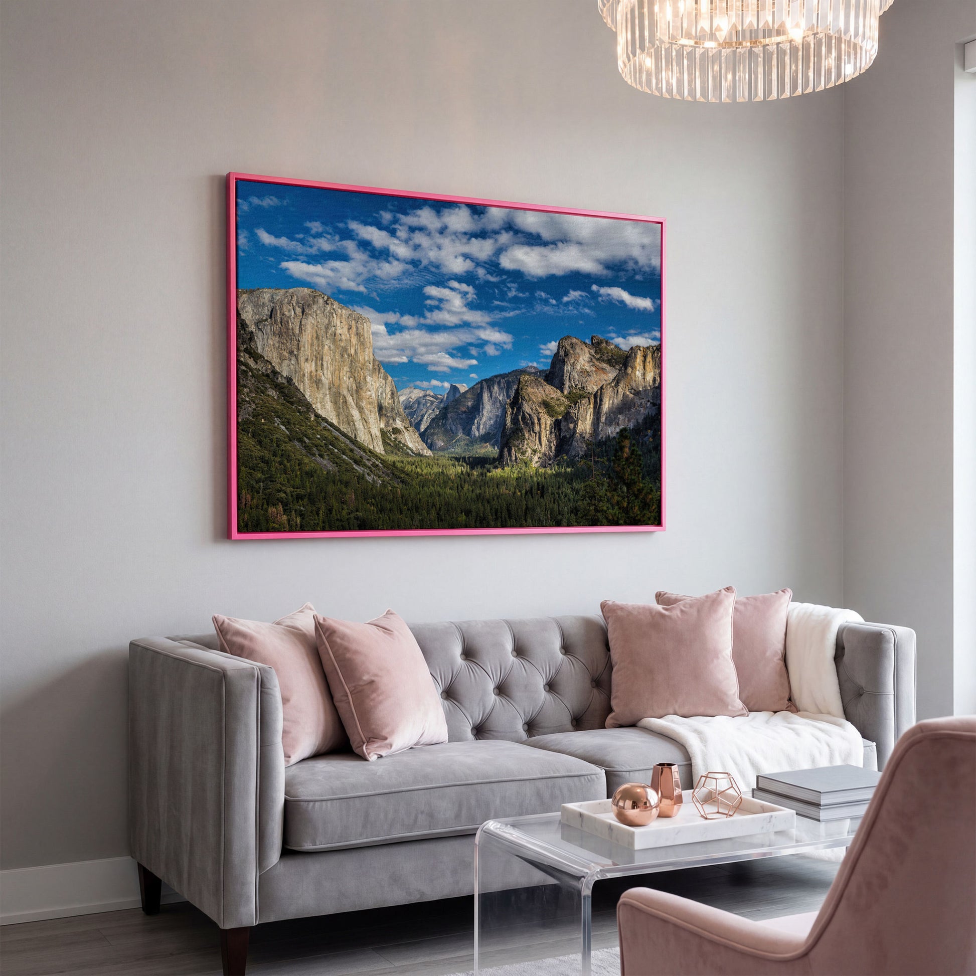 Yosemite Valley Landscape Canvas with Rocky Cliffs in pink floating frame