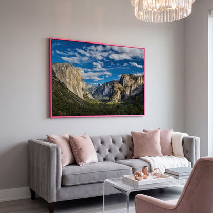 Yosemite Valley Landscape Canvas with Rocky Cliffs in pink floating frame