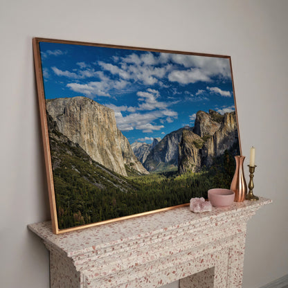 Yosemite Valley Landscape Canvas with Rocky Cliffs in rose gold floating frame
