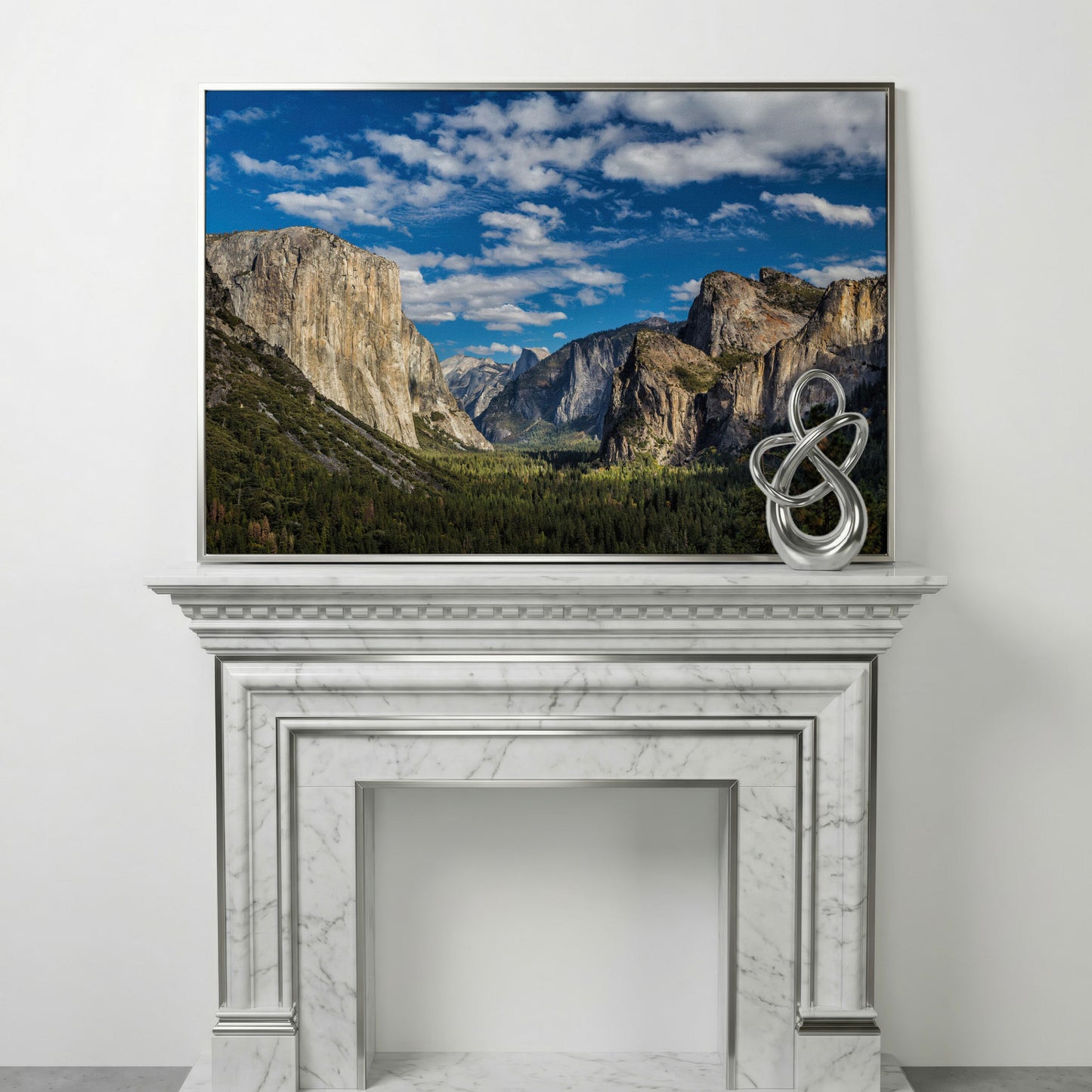 Yosemite Valley Landscape Canvas with Rocky Cliffs in silver floating frame