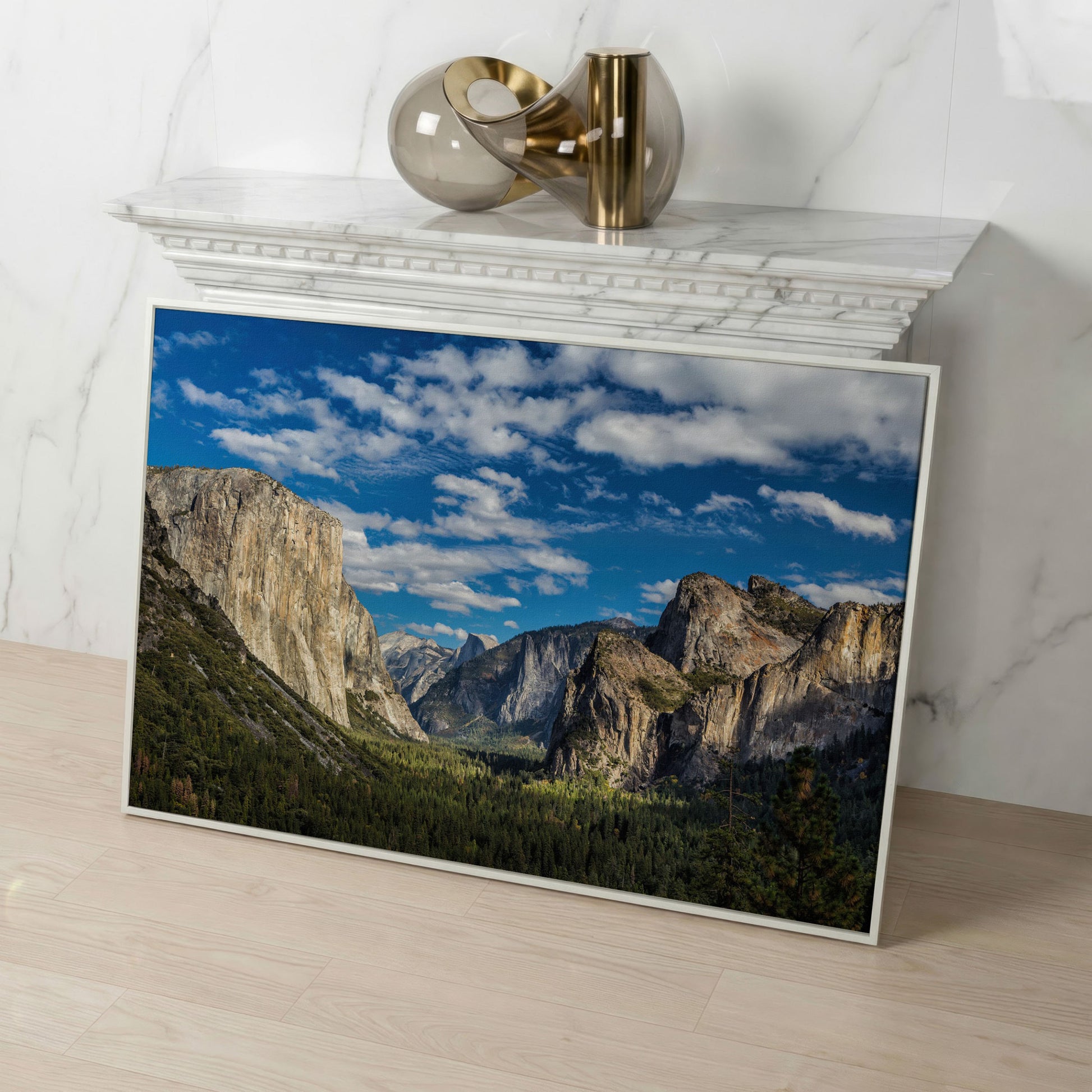 Yosemite Valley Landscape Canvas with Rocky Cliffs in white floating frame