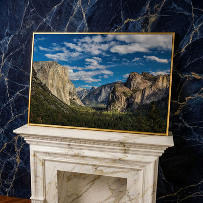 Yosemite Valley Landscape Canvas with Rocky Cliffs in yellow gold floating frame