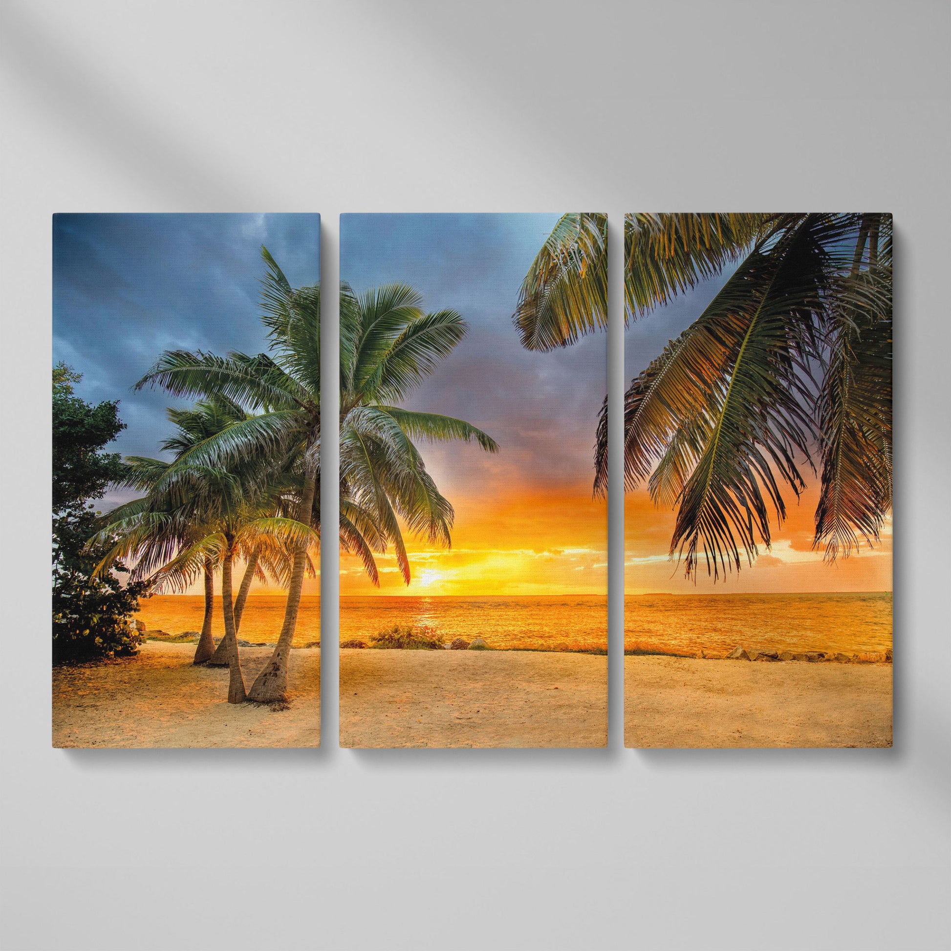 Summer Beach Sunset with Palm Tree Canvas as 3-panel split version