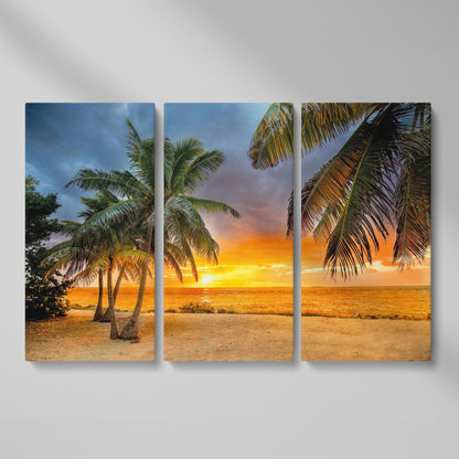 Summer Beach Sunset with Palm Tree Canvas as 3-panel split version