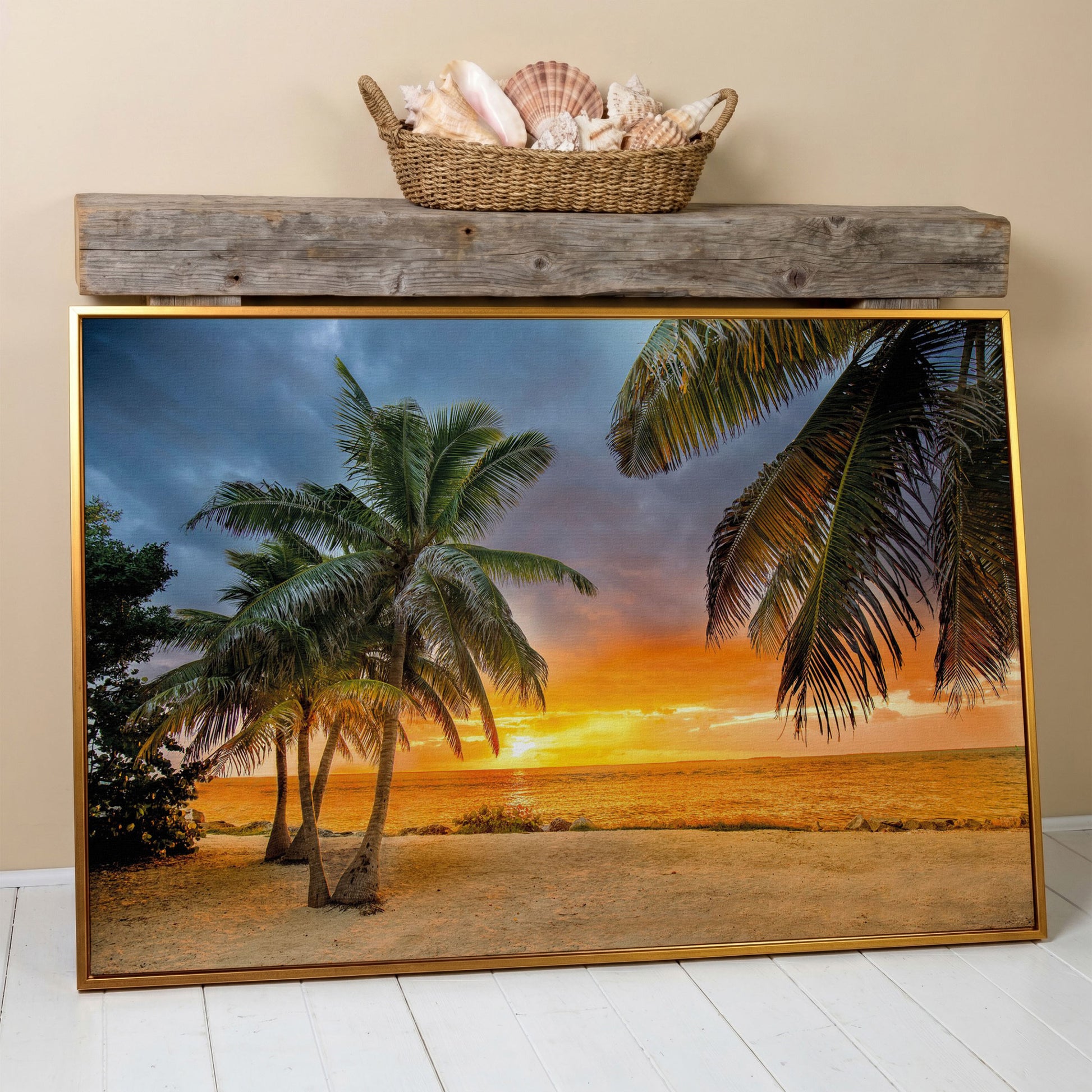 Summer Beach Sunset with Palm Tree Canvas in antique gold floating frame