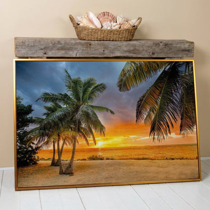 Summer Beach Sunset with Palm Tree Canvas in antique gold floating frame