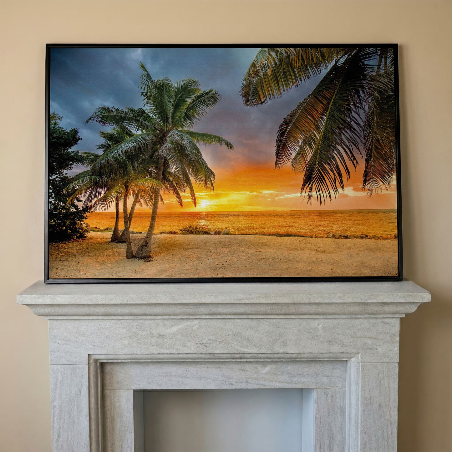 Summer Beach Sunset with Palm Tree Canvas in black floating frame