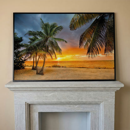 Summer Beach Sunset with Palm Tree Canvas in black floating frame
