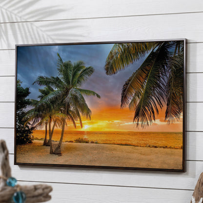 Summer Beach Sunset with Palm Tree Canvas in dark walnut floating frame