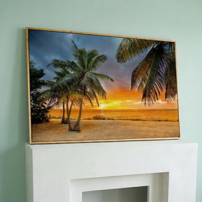 Summer Beach Sunset with Palm Tree Canvas in white oak floating frame