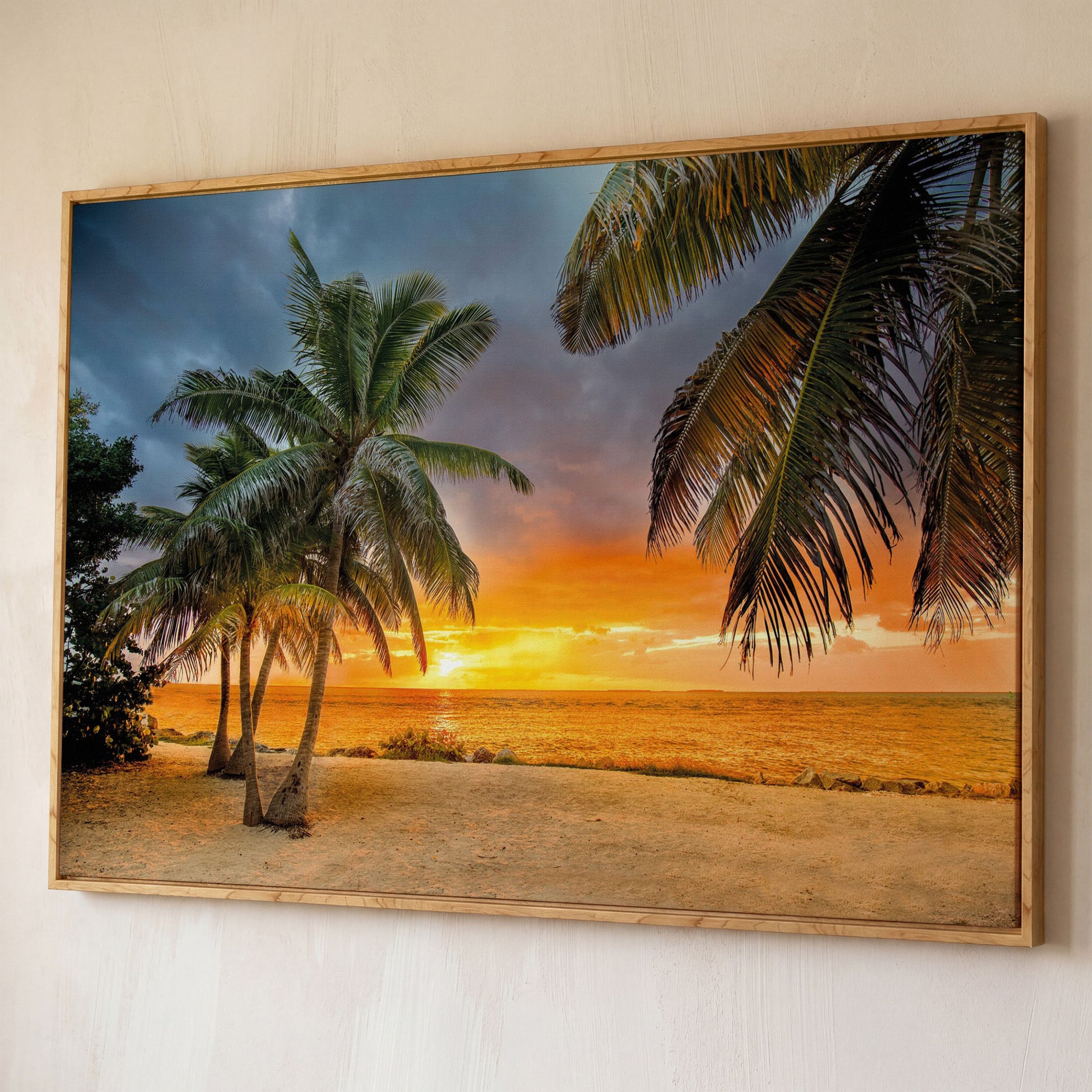Summer Beach Sunset with Palm Tree Canvas shown in white oak floating frame