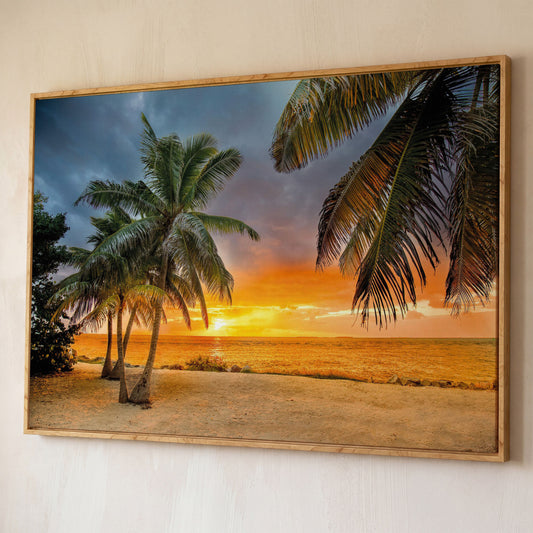 Summer Beach Sunset with Palm Tree Canvas shown in white oak floating frame