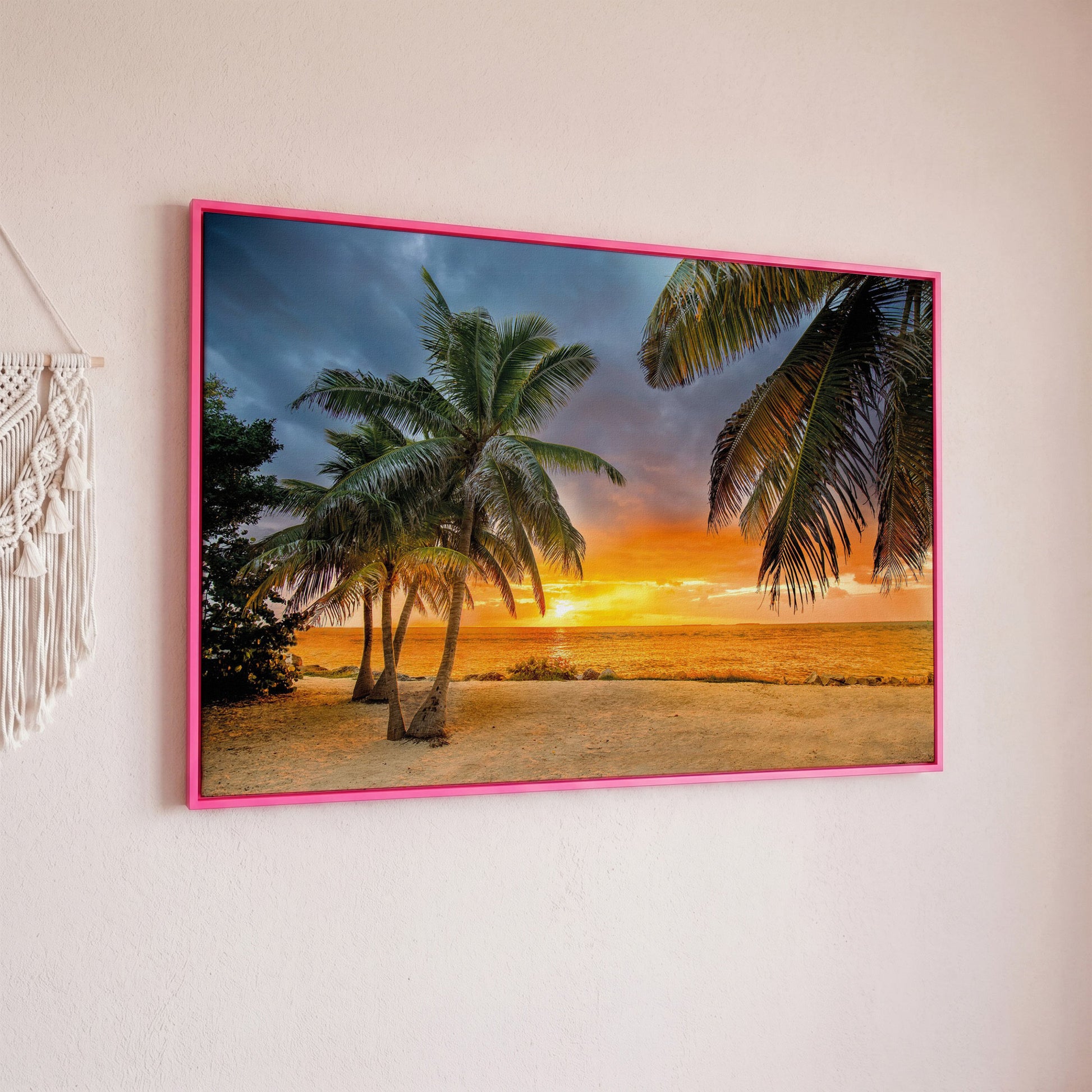 Summer Beach Sunset with Palm Tree Canvas in pink floating frame