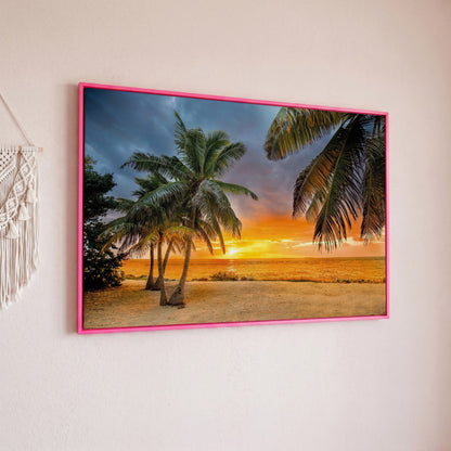 Summer Beach Sunset with Palm Tree Canvas in pink floating frame