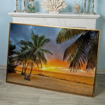 Summer Beach Sunset with Palm Tree Canvas in rose gold floating frame