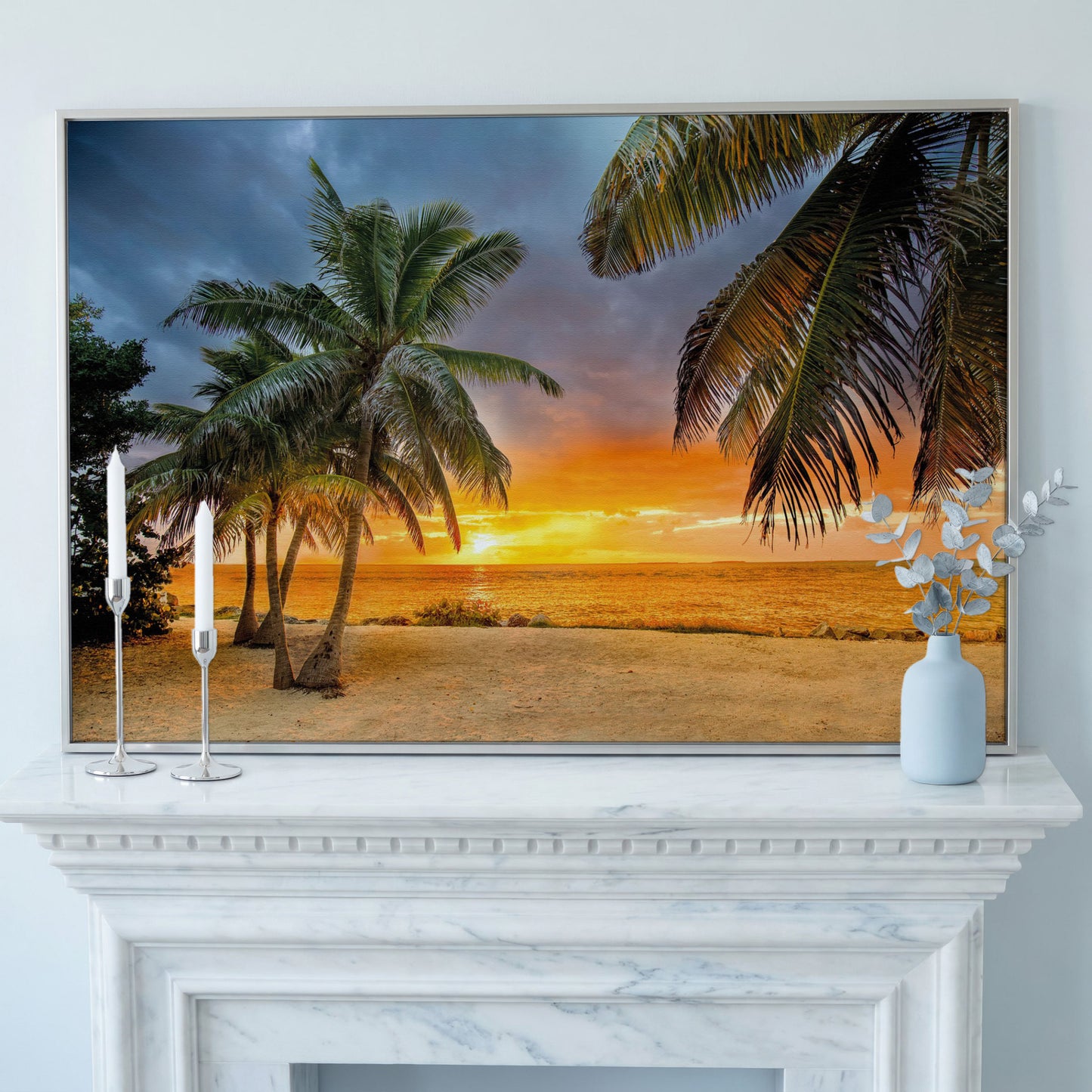 Summer Beach Sunset with Palm Tree Canvas in silver floating frame
