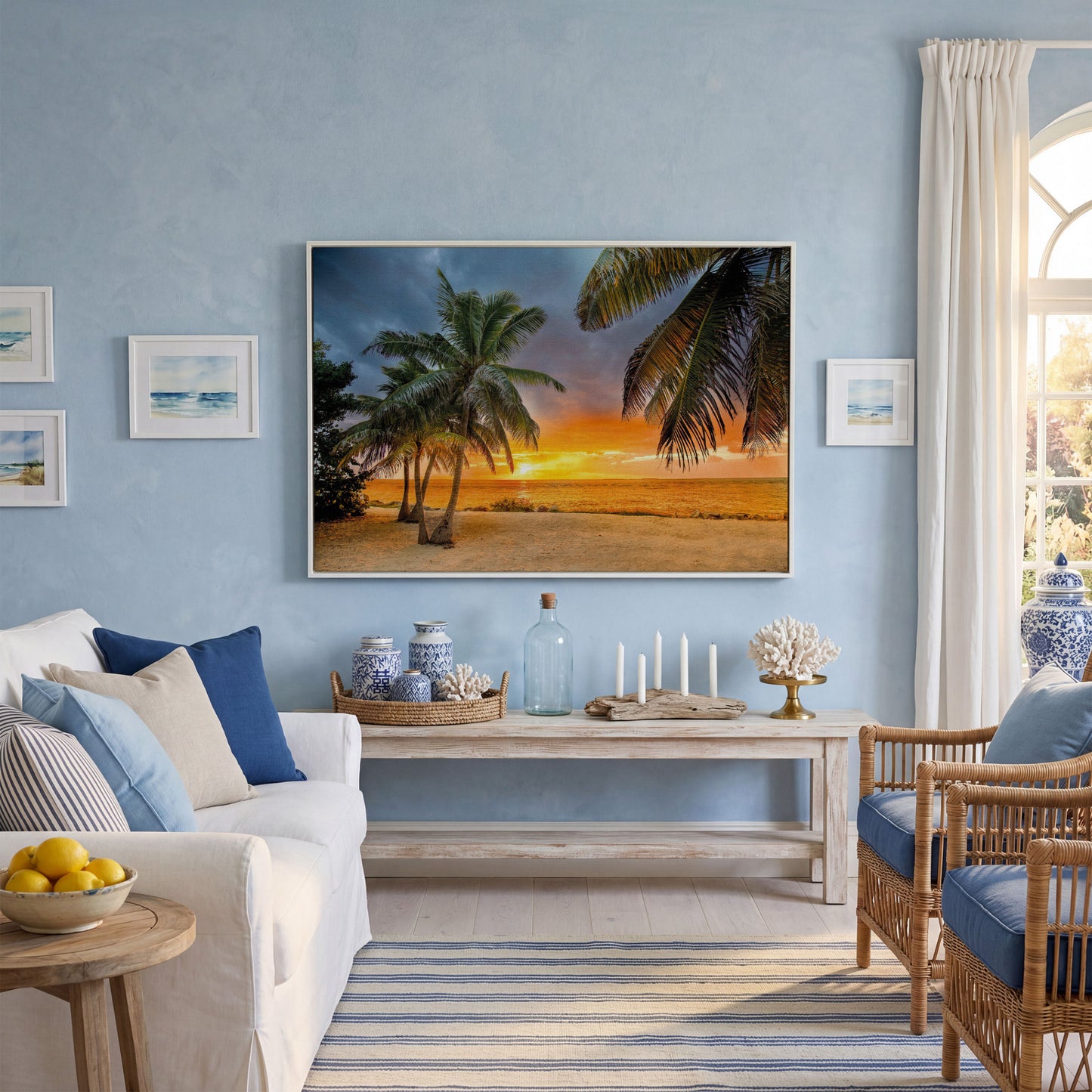 Summer Beach Sunset with Palm Tree Canvas in white floating frame