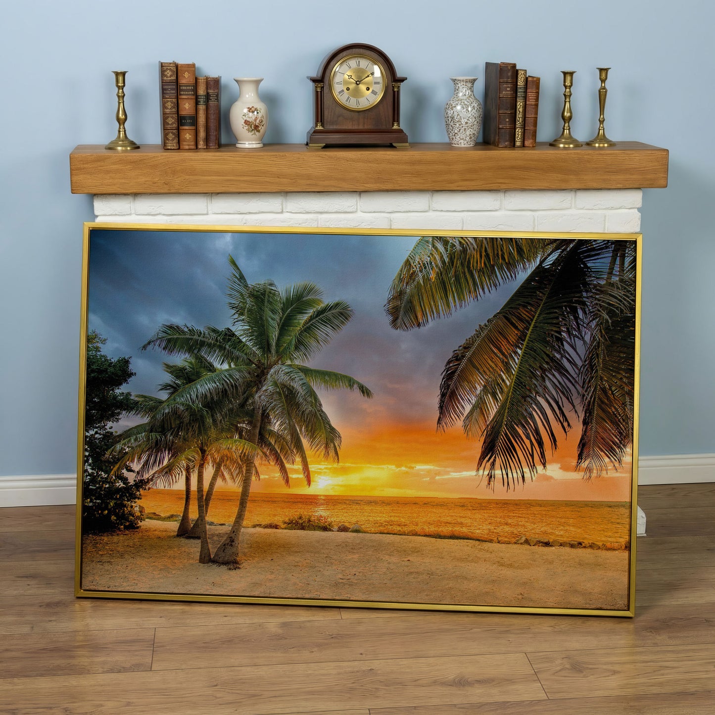 Summer Beach Sunset with Palm Tree Canvas in yellow gold floating frame