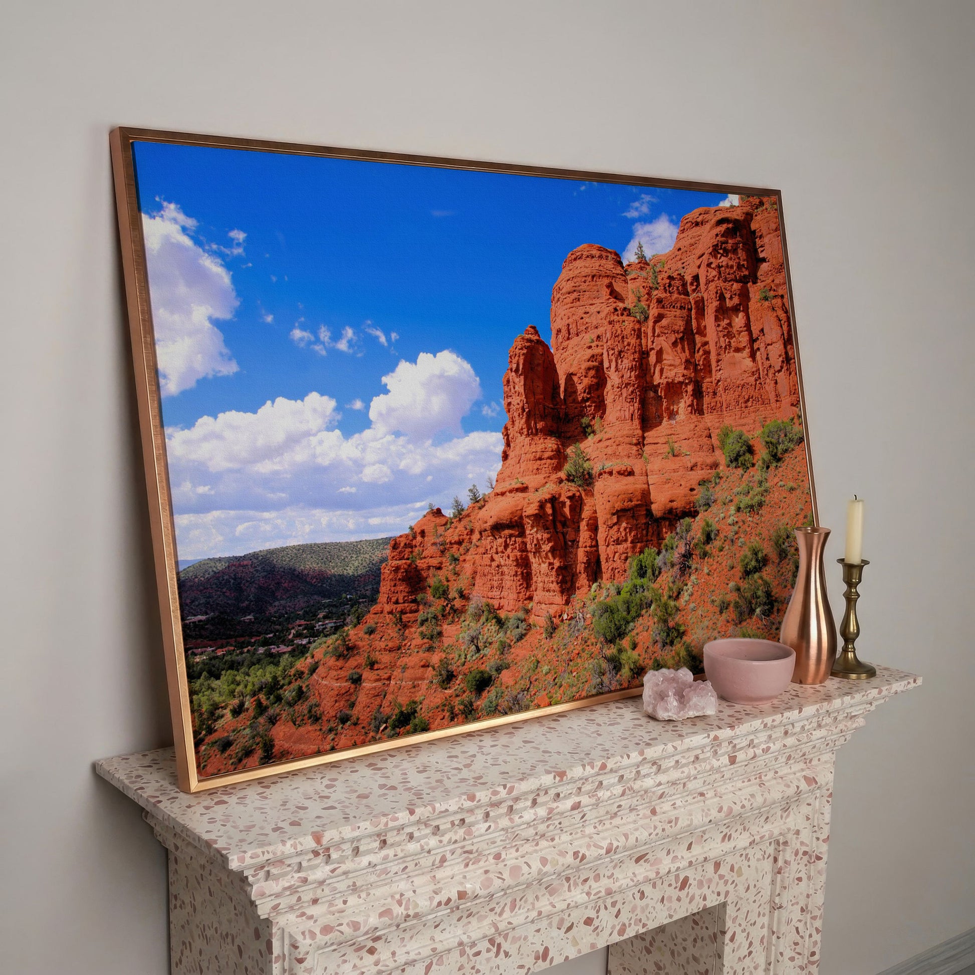 Sedona Cliffs Desert Landscape Canvas in rose gold floating frame