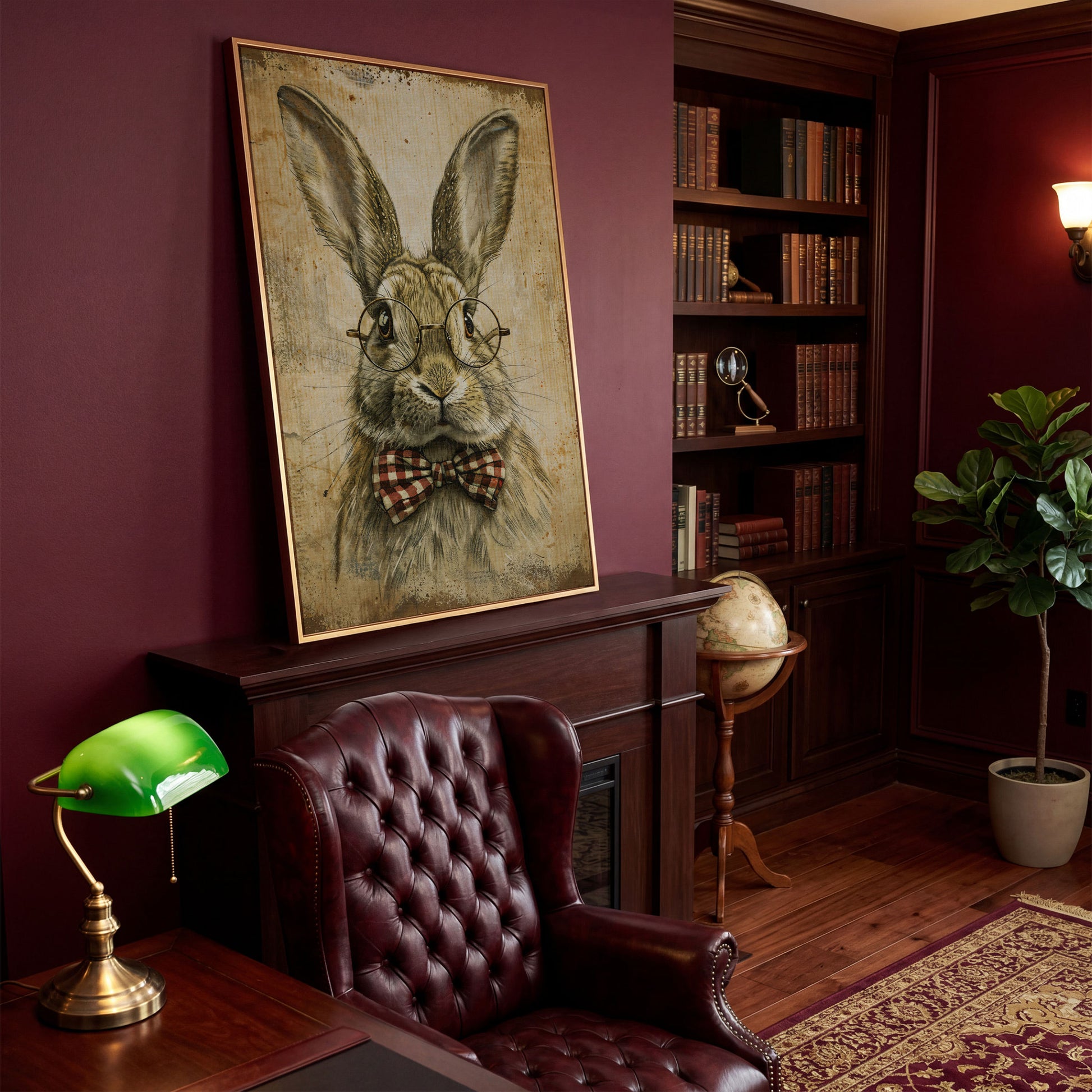 Vintage Scholar Bunny Canvas in antique gold floating frame