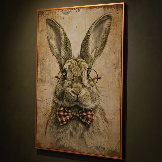 Vintage Scholar Bunny Canvas shown in antique gold floating frame
