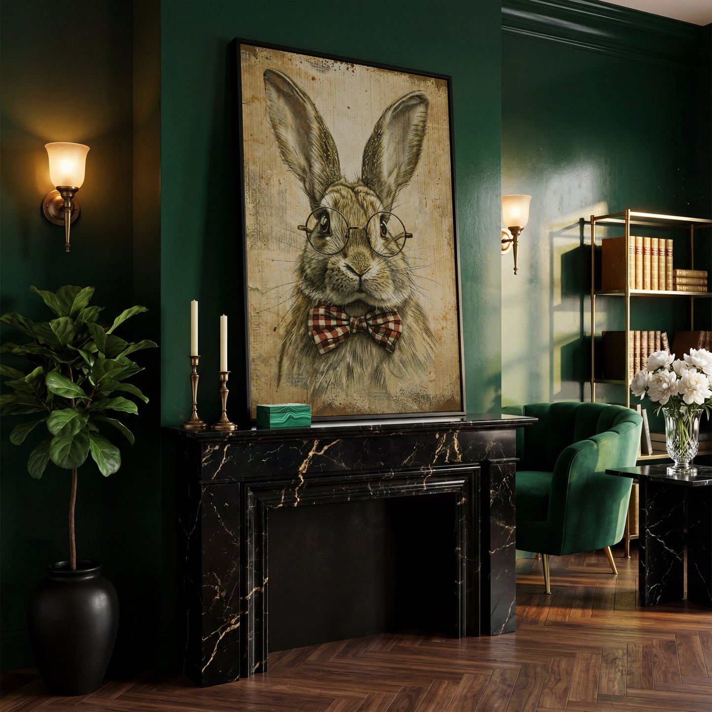 Vintage Scholar Bunny Canvas in black floating frame