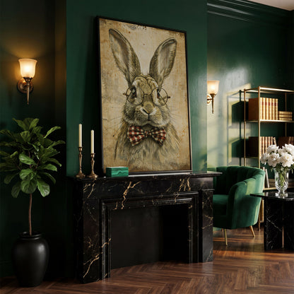 Vintage Scholar Bunny Canvas in black floating frame