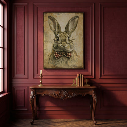 Vintage Scholar Bunny Canvas in dark walnut floating frame