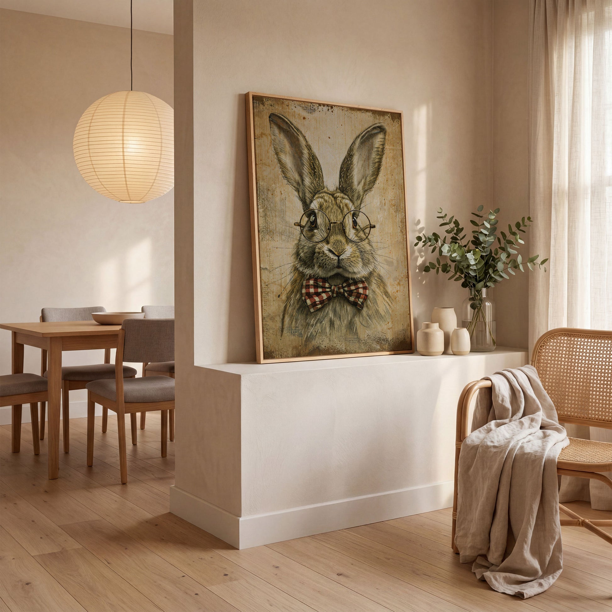 Vintage Scholar Bunny Canvas in white oak floating frame