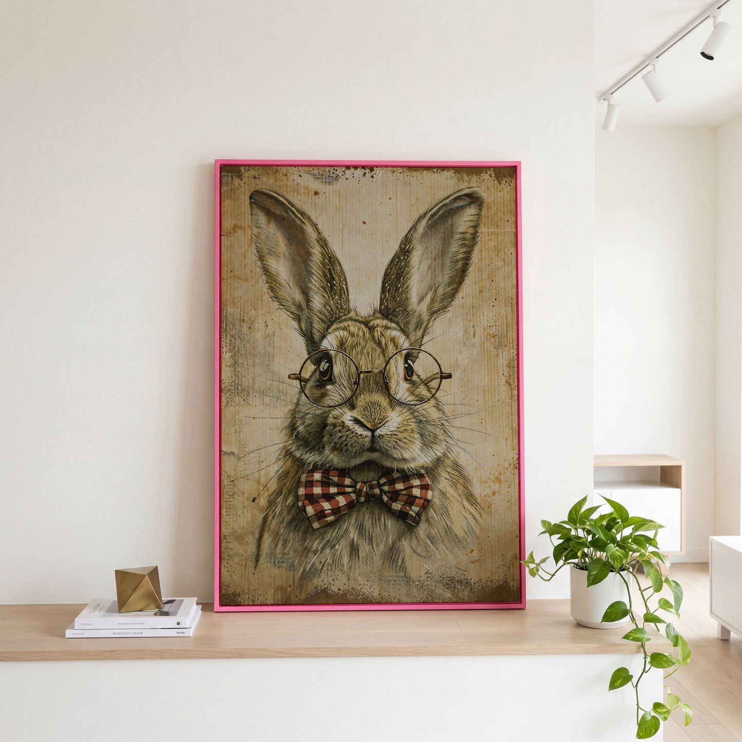 Vintage Scholar Bunny Canvas in pink floating frame