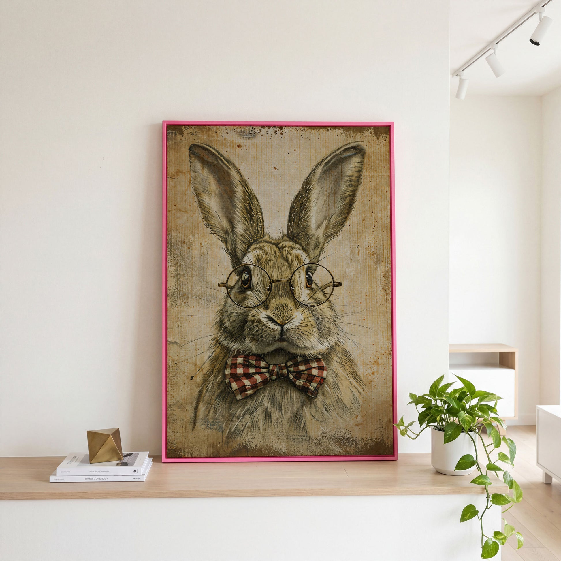 Vintage Scholar Bunny Canvas in pink floating frame