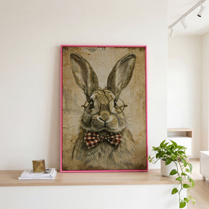 Vintage Scholar Bunny Canvas in pink floating frame