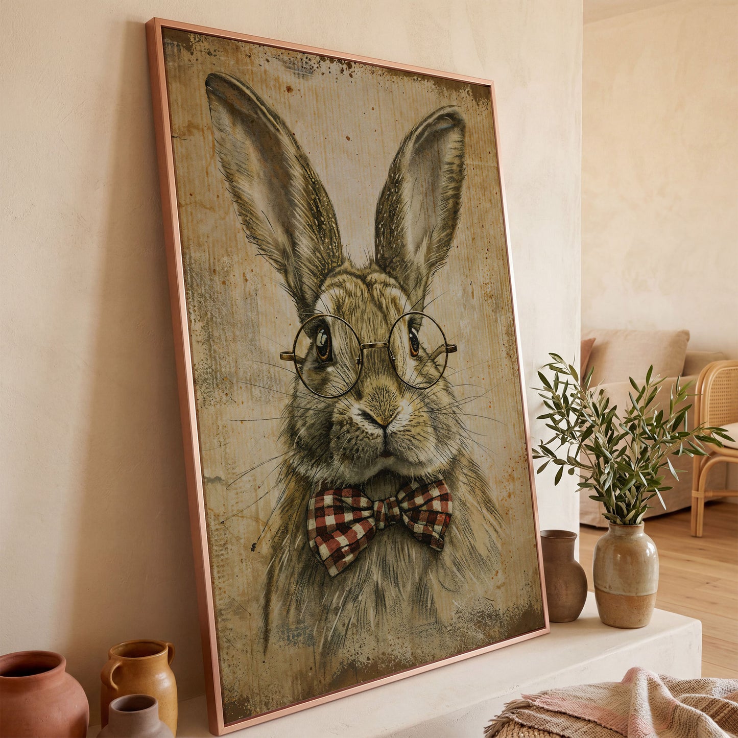 Vintage Scholar Bunny Canvas in rose gold floating frame