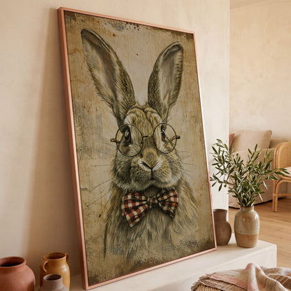 Vintage Scholar Bunny Canvas in rose gold floating frame