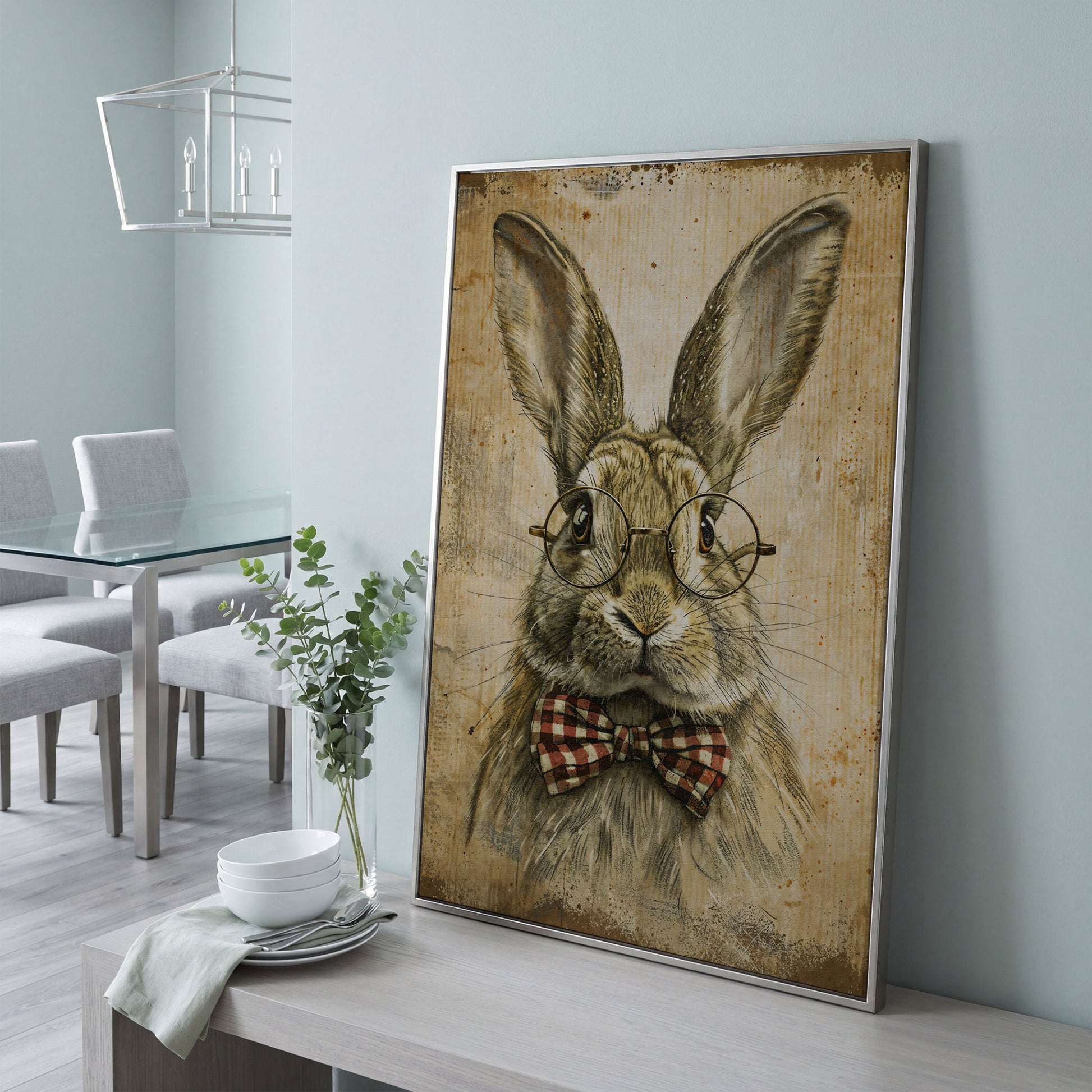 Vintage Scholar Bunny Canvas in silver floating frame