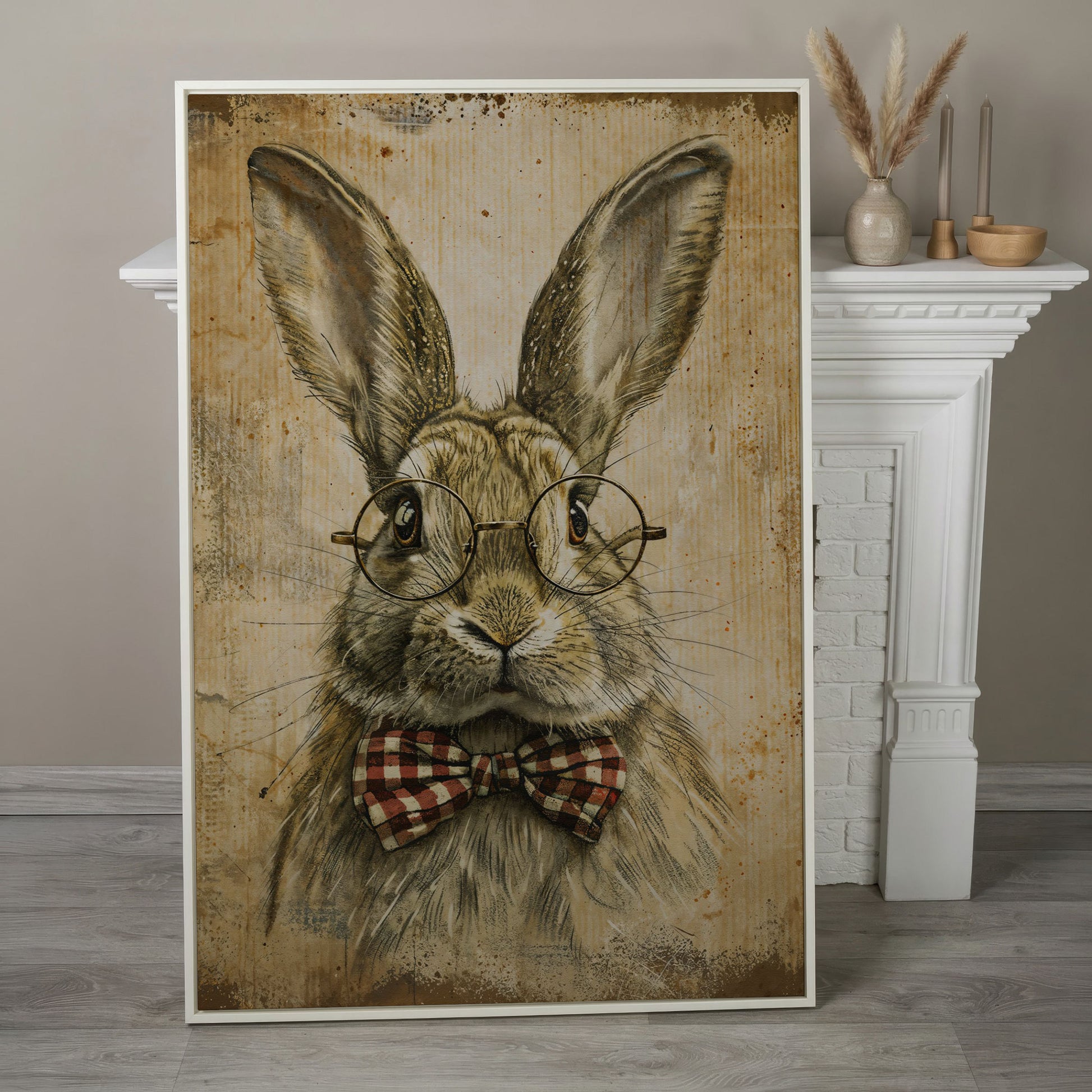 Vintage Scholar Bunny Canvas in white floating frame