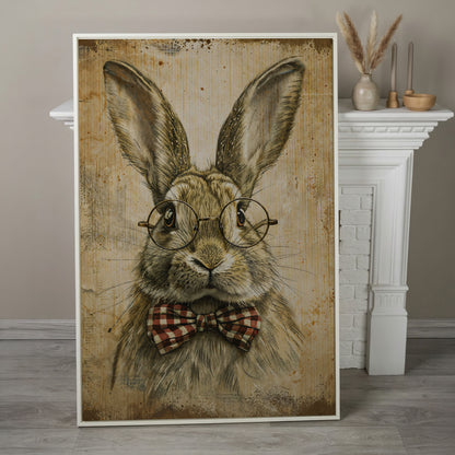 Vintage Scholar Bunny Canvas in white floating frame